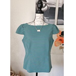 Nine West Green and Black Striped Textured Blouse